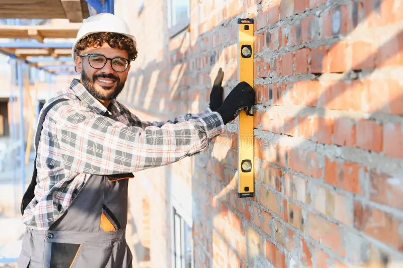 construction-worker-checking-brick-wall-level-smiling-happy-man-alignment-spirit-building-future-440825292